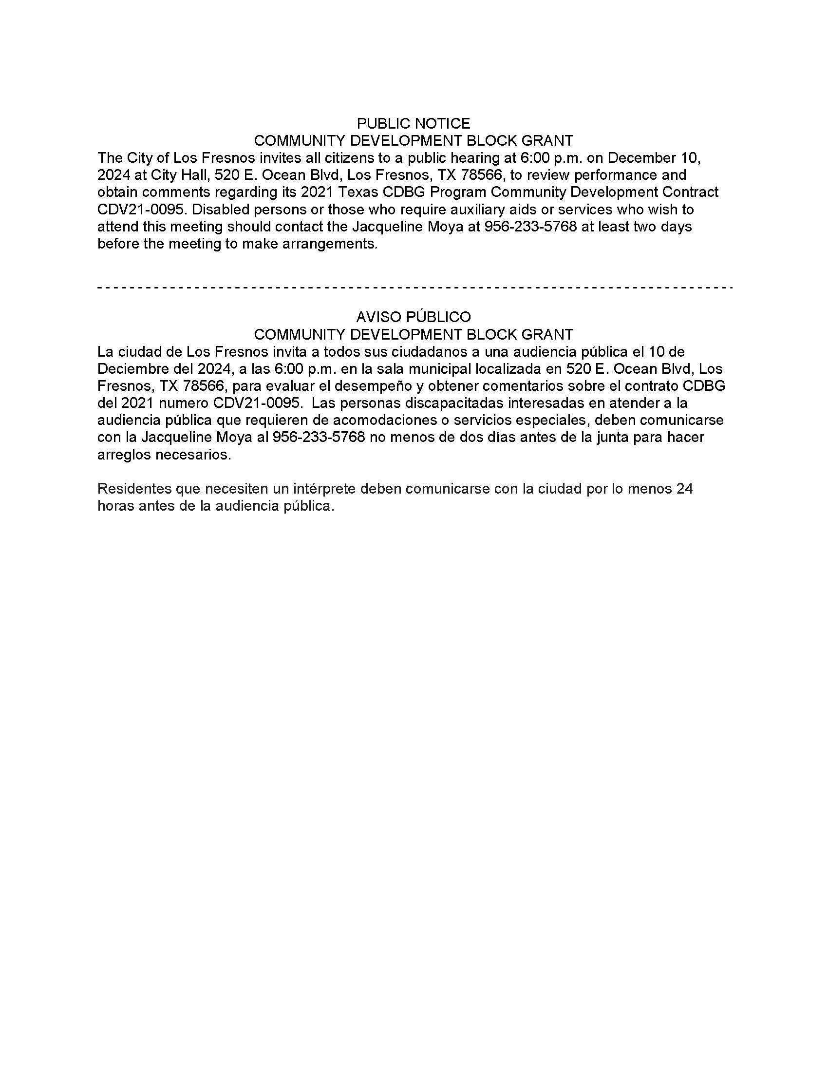 Public Notice Community Development Block Grant | Los Fresnos Texas