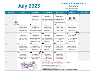 Senior Center Program July 2025 Calendar 