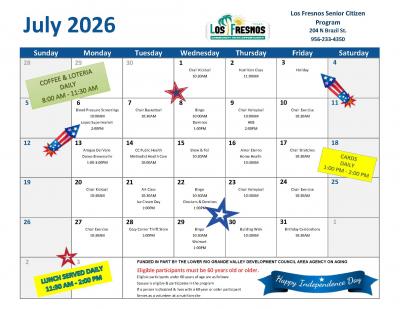 Los Fresnos Senior Citizen Program July 2026 Calendar 