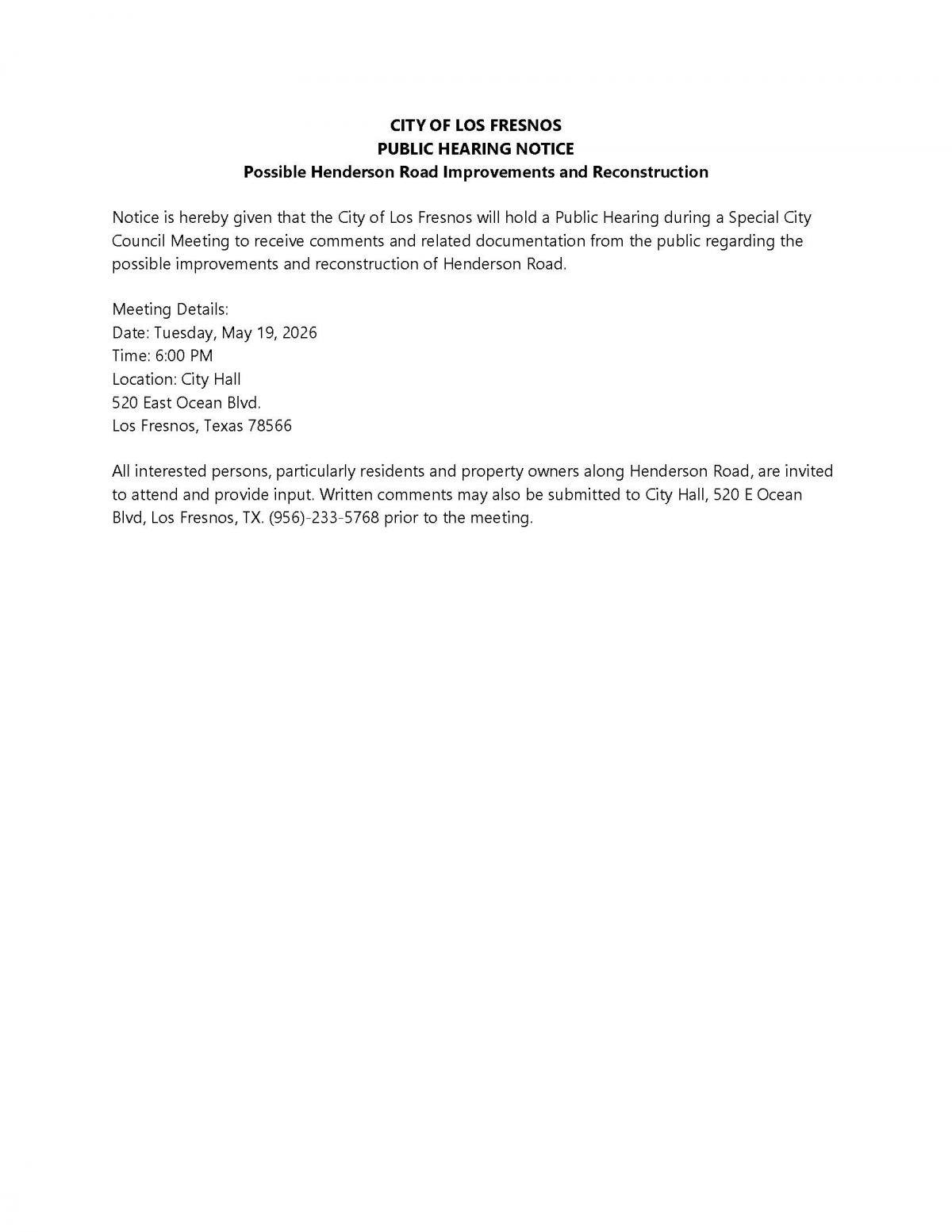Public Hearing Possible Henderson Road Improvements and Reconstruction 