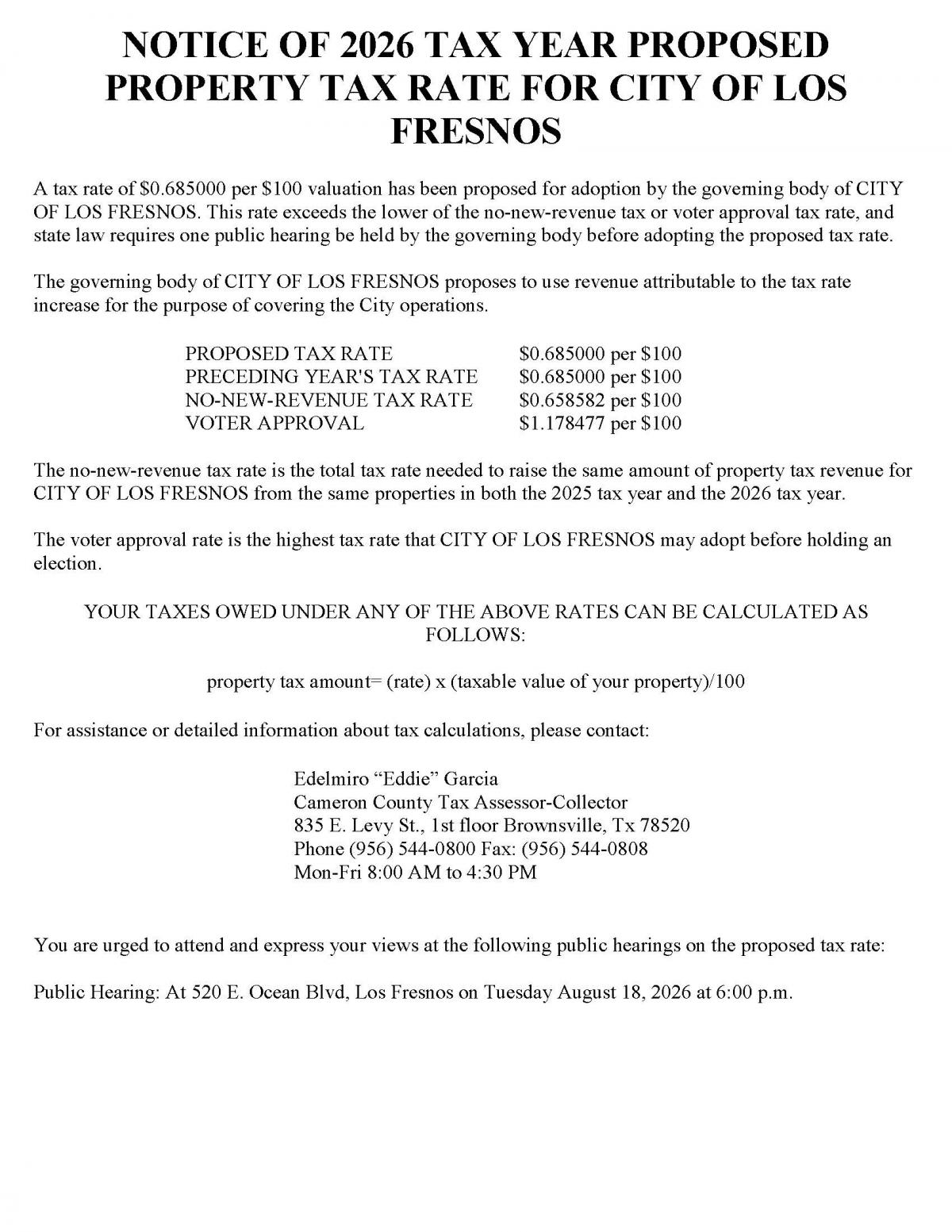 Notice of 2026 Tax Year Proposed Property Tax Rate 