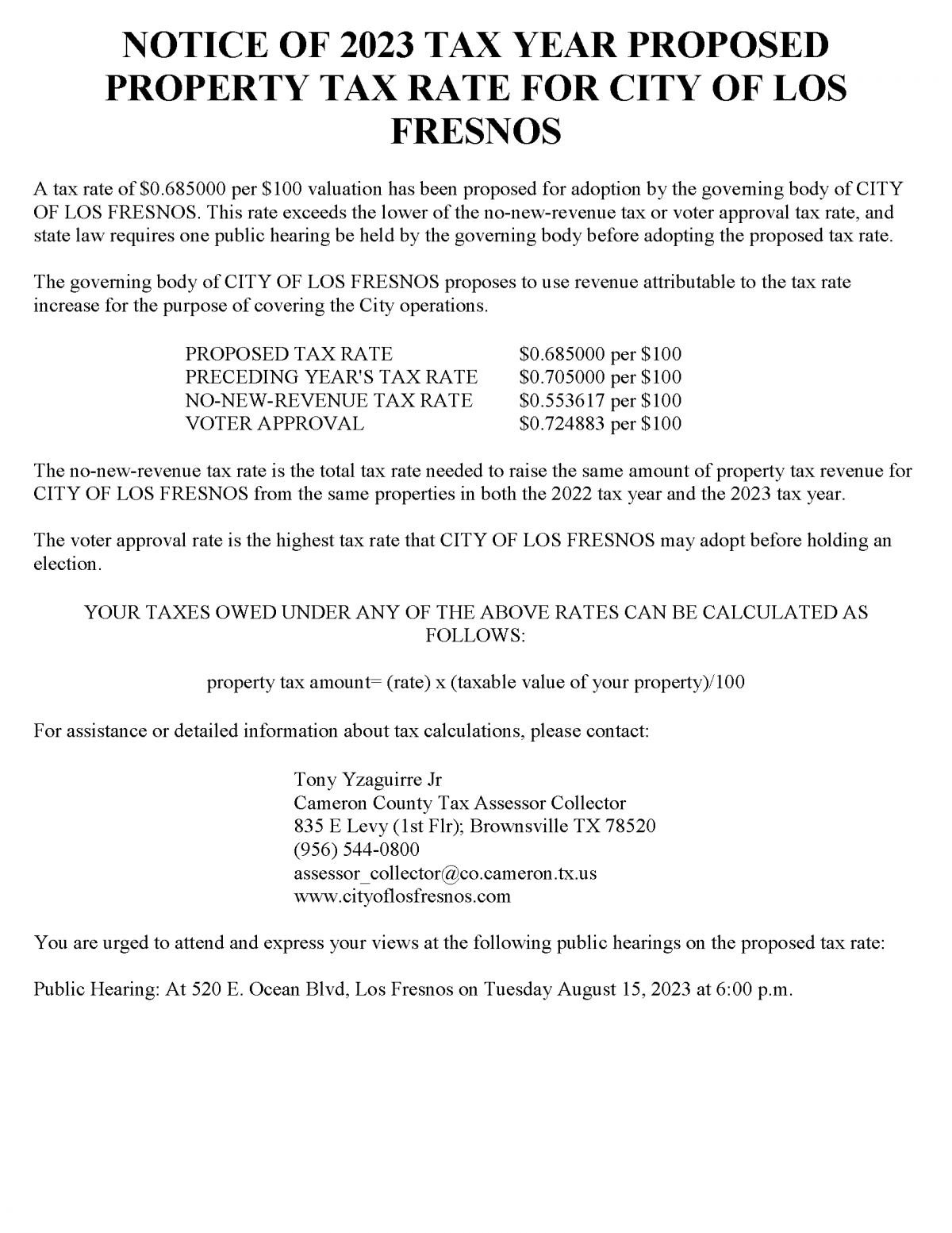 Notice of 2023 Tax Year Proposed Property Tax Rate for City of Los Fresnos