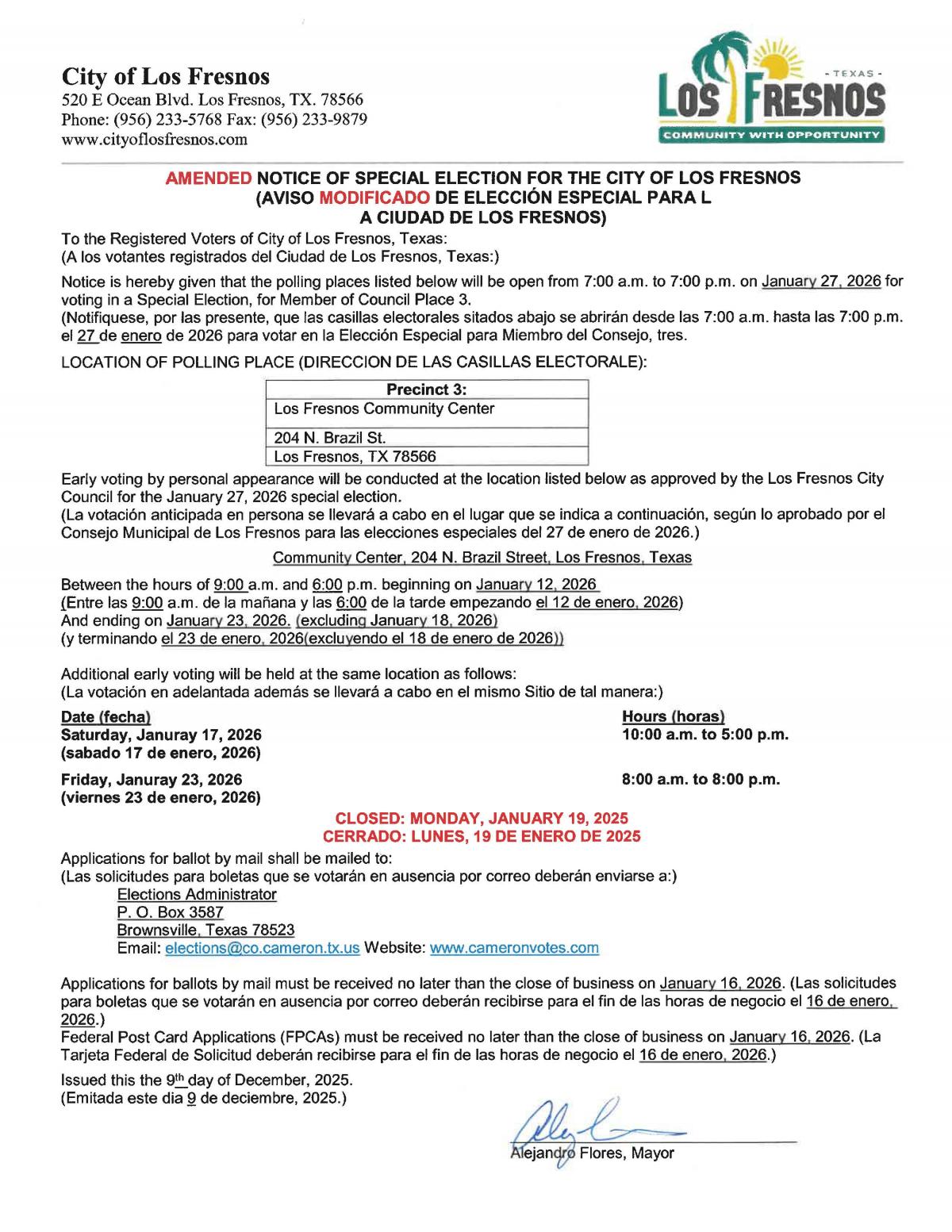 AMENDED Notice of Special Election (Fill a Vacancy)