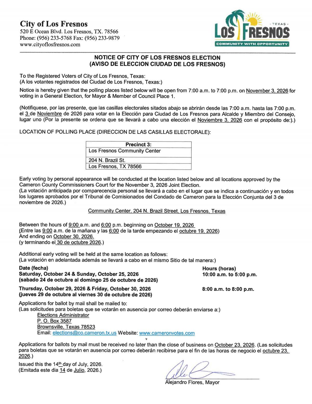 Notice of General Election November 3, 2026
